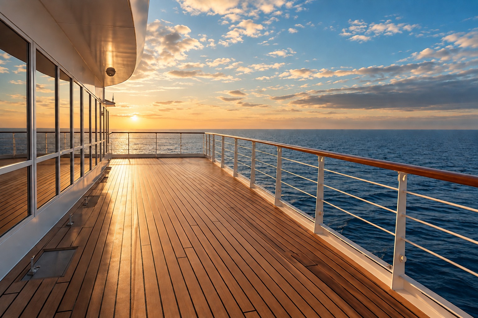 Deck do navio ao entardecer, piso de madeira e vista para o oceano