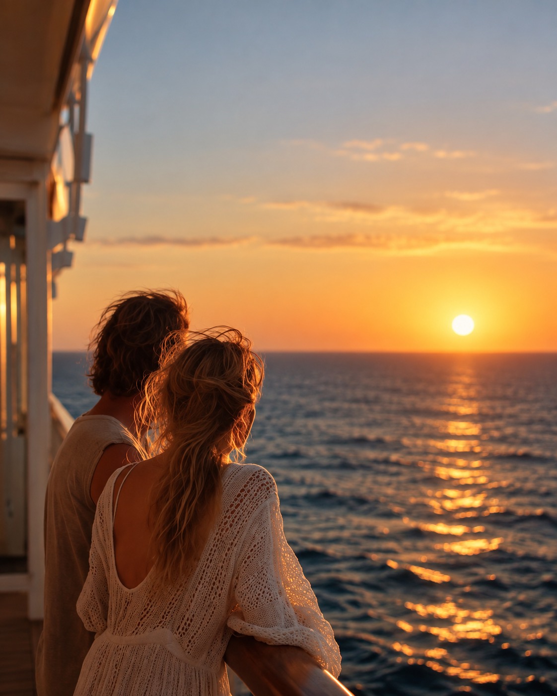 Casal observando o pôr do sol juntos a bordo de um cruzeiro