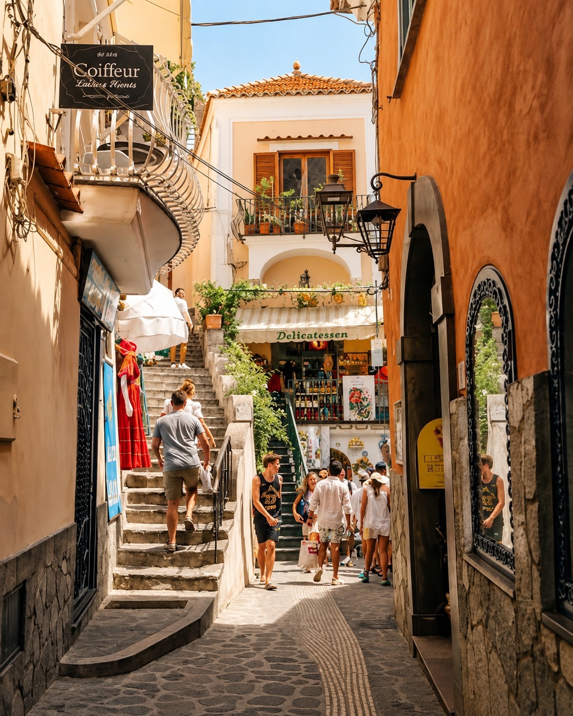 Rua histórica de vila costeira italiana, com visitantes explorando as ladeiras