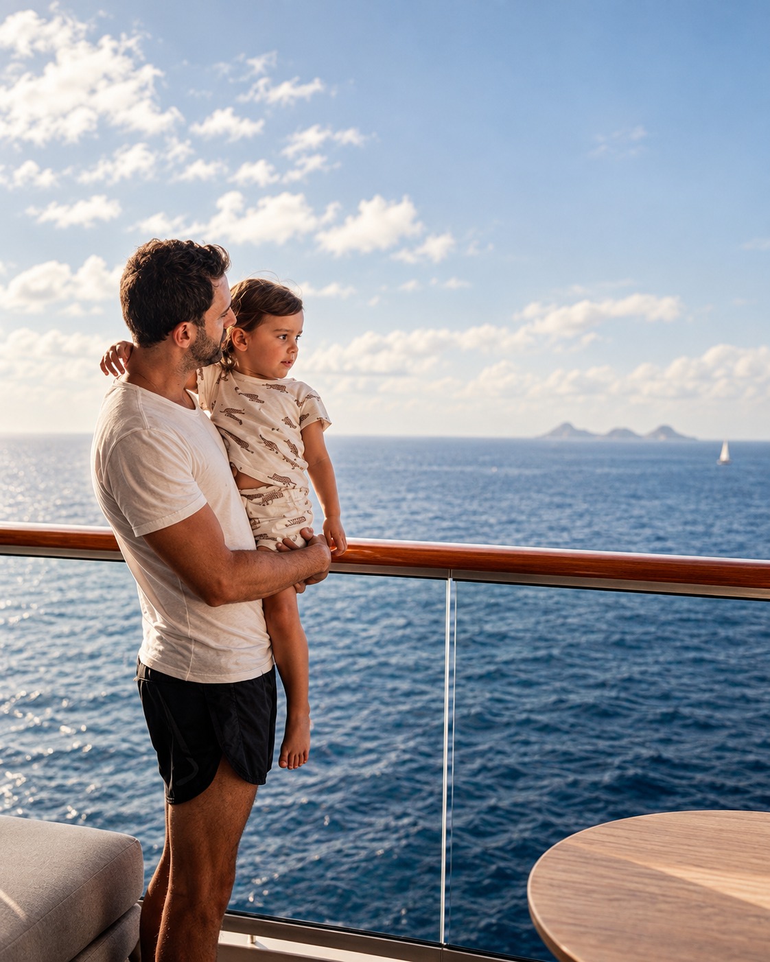 Pai e filho observando o mar juntos na varanda do cruzeiro