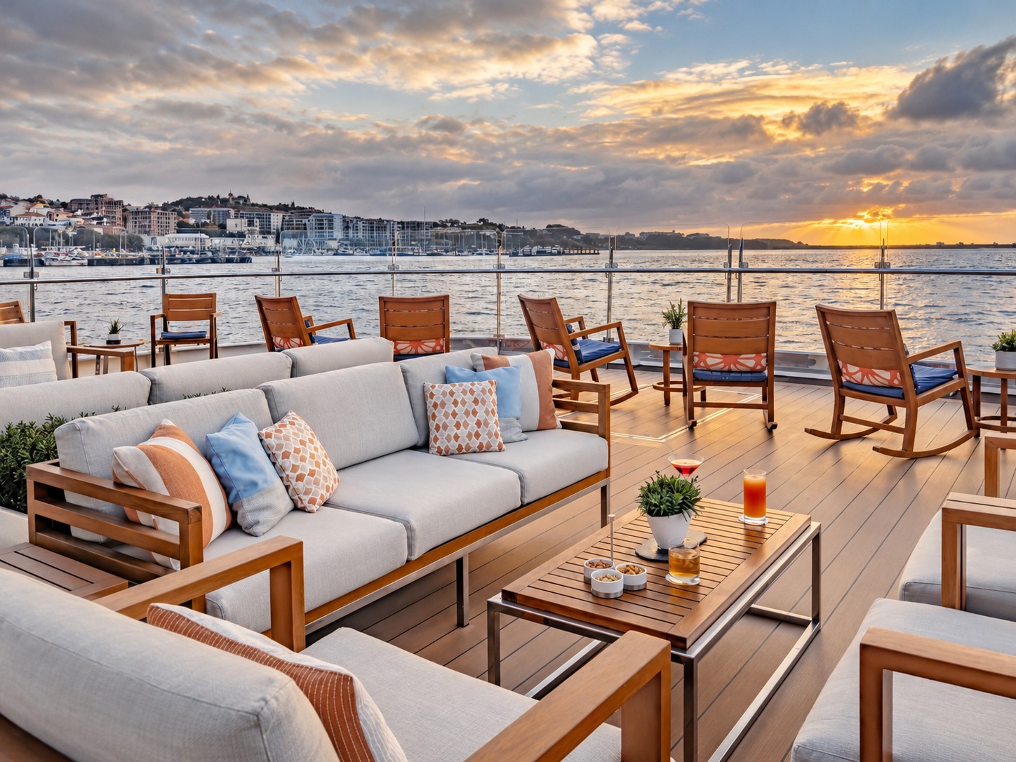 Lounge externo do navio ao entardecer, com sofás, poltronas e vista para o mar