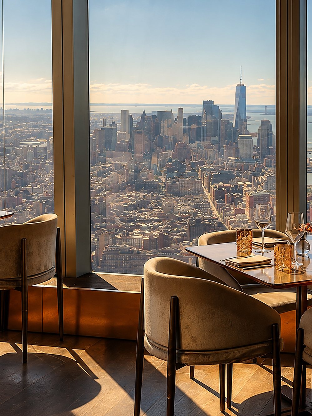 Casal jantando em restaurante com vista panorâmica de Nova York ao entardecer