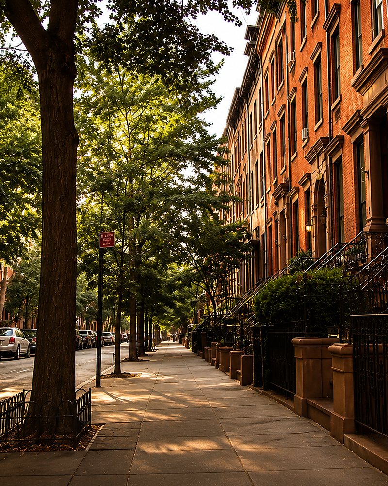 Rua arborizada com casarios históricos em Nova York