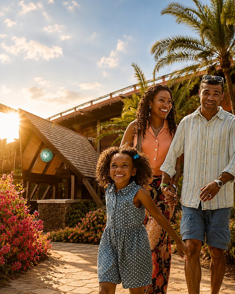 Família em frente a resort tropical em Orlando