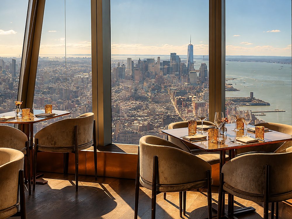 Casal jantando em restaurante com vista panorâmica de Nova York ao entardecer