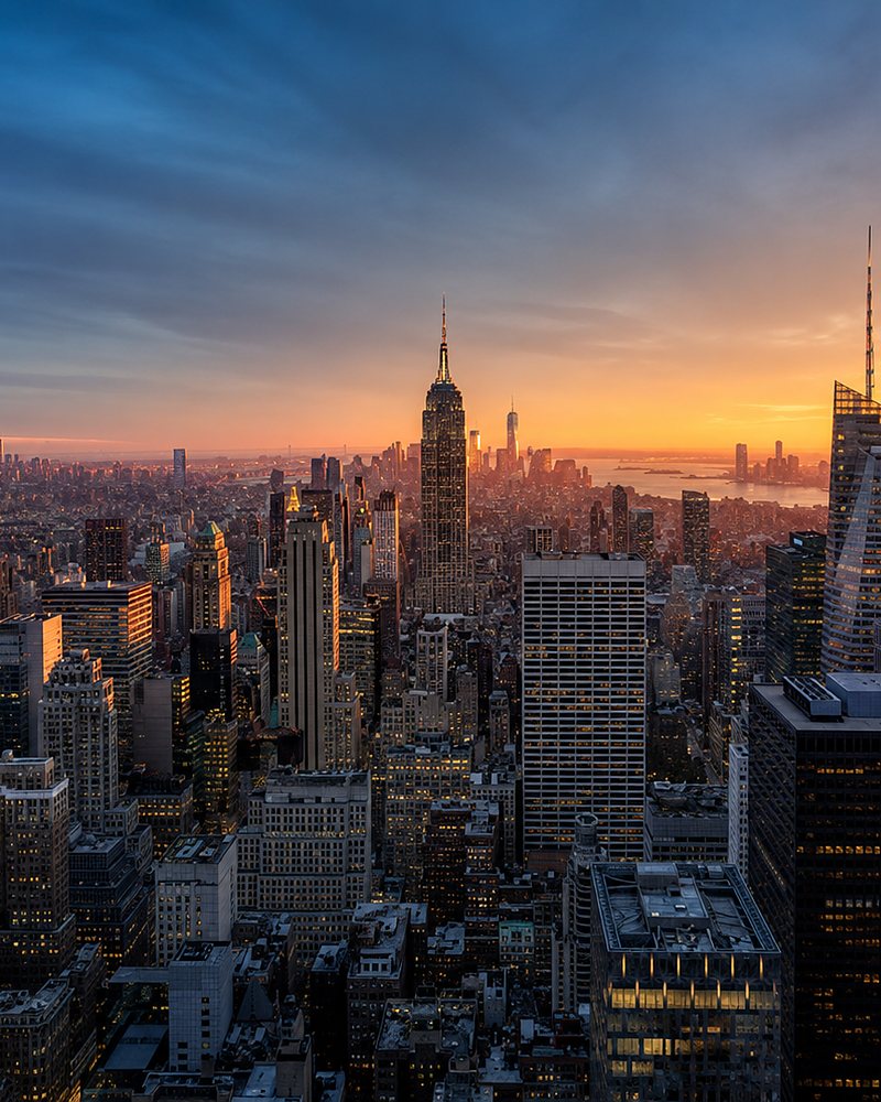 Skyline de Nova York ao entardecer, vista do rio