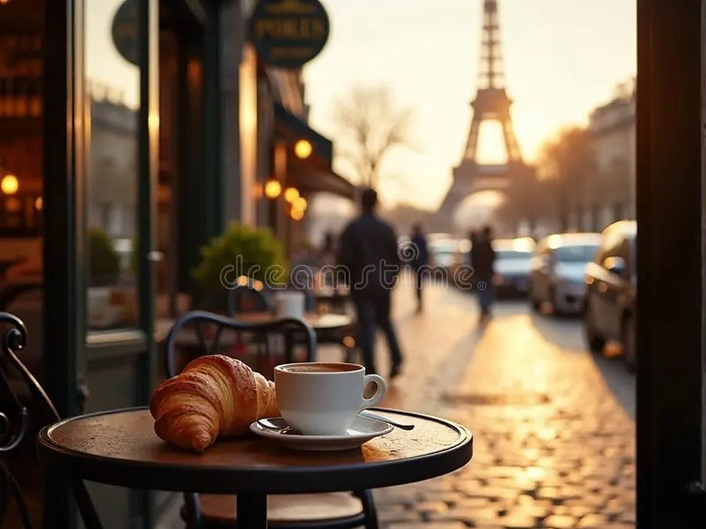 Mesa de café parisiense pela manhã, com a Torre Eiffel ao fundo