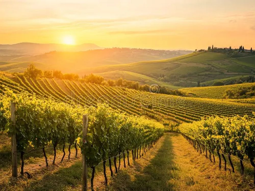 Vinhedos em terraços na Toscana banhados pela luz dourada do entardecer